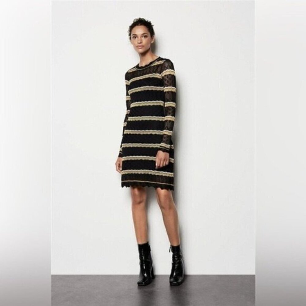 NWT Karen Millen Black Pointelle Long Sleeve Mini Dress Size XS